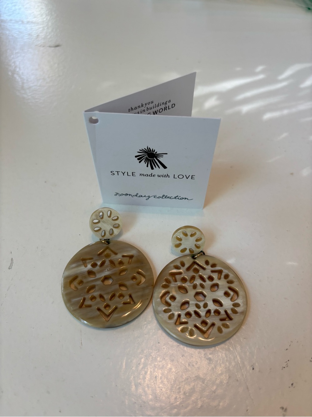 Noonday Collection Neutral Carved Resin Drop Earrings